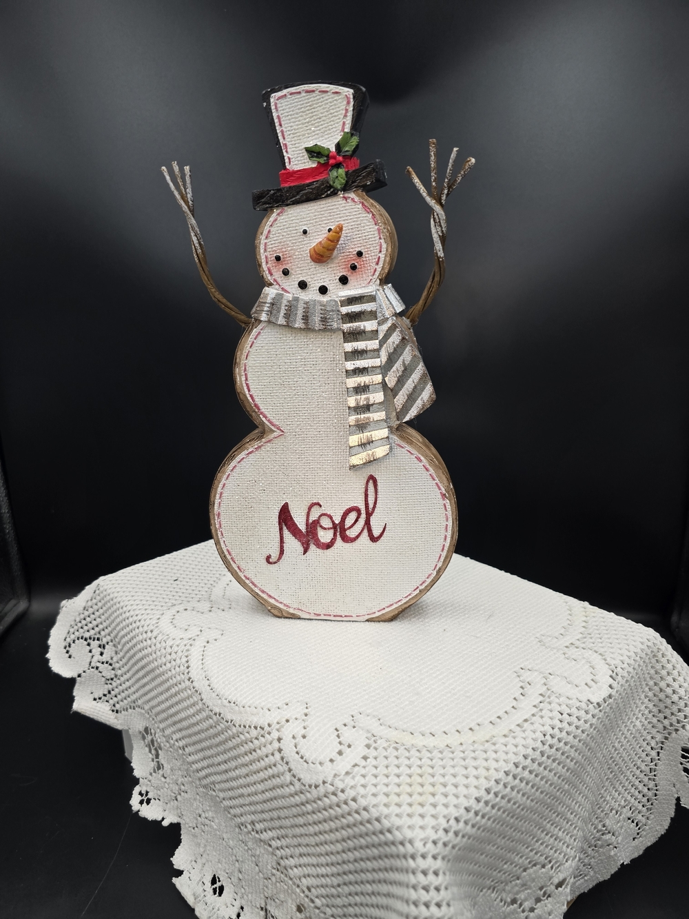 Kirklands Cream Snowman with Red Accent Holiday Figurine